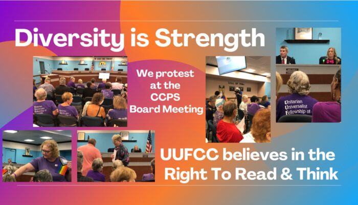 PIctures of UUFCC members protesting at the CCPS Board Meeting re; Banned Books