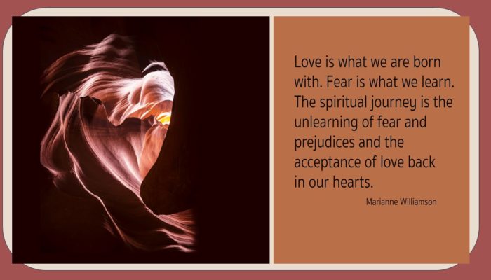 Love is what we are born with. Fear is what we learn. the spritual journey is the unlearning of fear and prejudices and the acceptance of love back in our hearts. Marianne Williamson