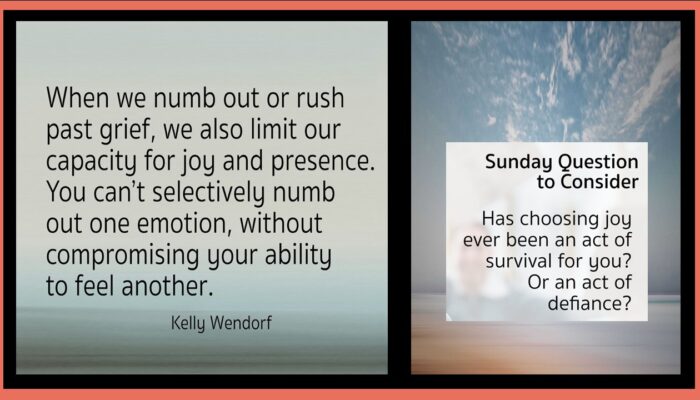 When we numb out or rush past grief, we also limit our capacity for joy and presence. You can't selectively numb out one emotion, without compromising your ability to feel another. Kelly Wendorf Sunday Question to Consider Has choosing joy ever been an act of survivial for you? Or an act of defiance?