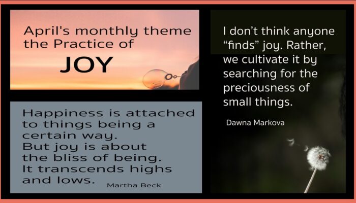 April's monthly theme the Practice of JOY I don't think anyone "finds" joy. Rather, we cultivat it by search for the preciouslness of small thins. Dawna Markova Happiness is attached to things being a certain way. But joy is about the bliss of being . It transcends highs and lows. Martha Beck