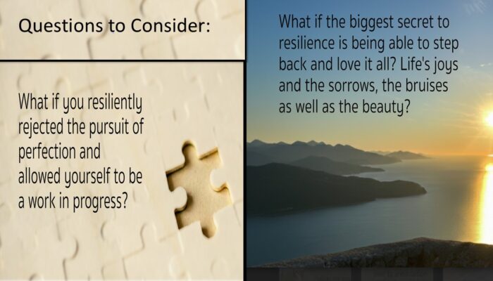 Questions to Consider: What if you resiliently rejected the pursuit of perfection and allowed yourself to be a work in progress? What if the biggest secret to resilience is being able to step back and love it all? Life's joys and the sorrows, the bruises as well as the beauty.